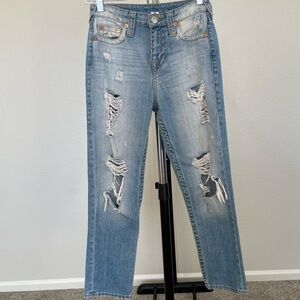 True Religion Medium Blue Ripped Straight Leg Jeans